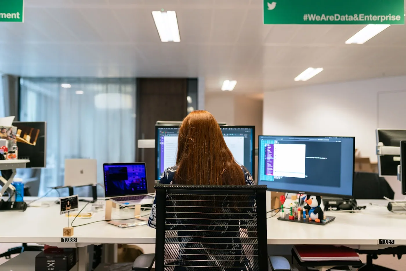 Technology professional working on computers in a modern office